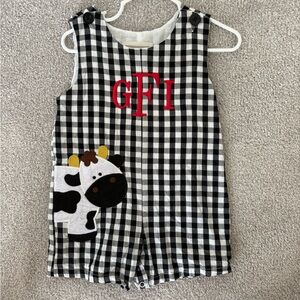 Black and White Checkered Baby Romper with Cow Design